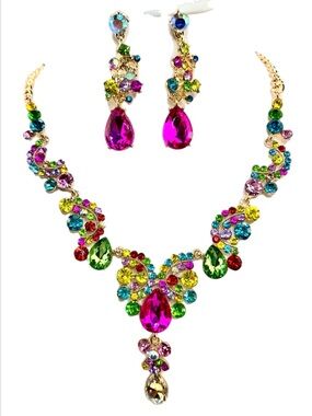 Multicolor Crystal Teardrop Necklace & Earring Set - Gold Tone